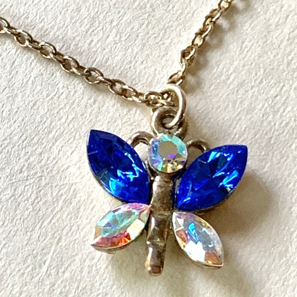 Vintage Jewelry - Crystal Butterfly Pendant, silver chain, Blue with Aurora Borealis